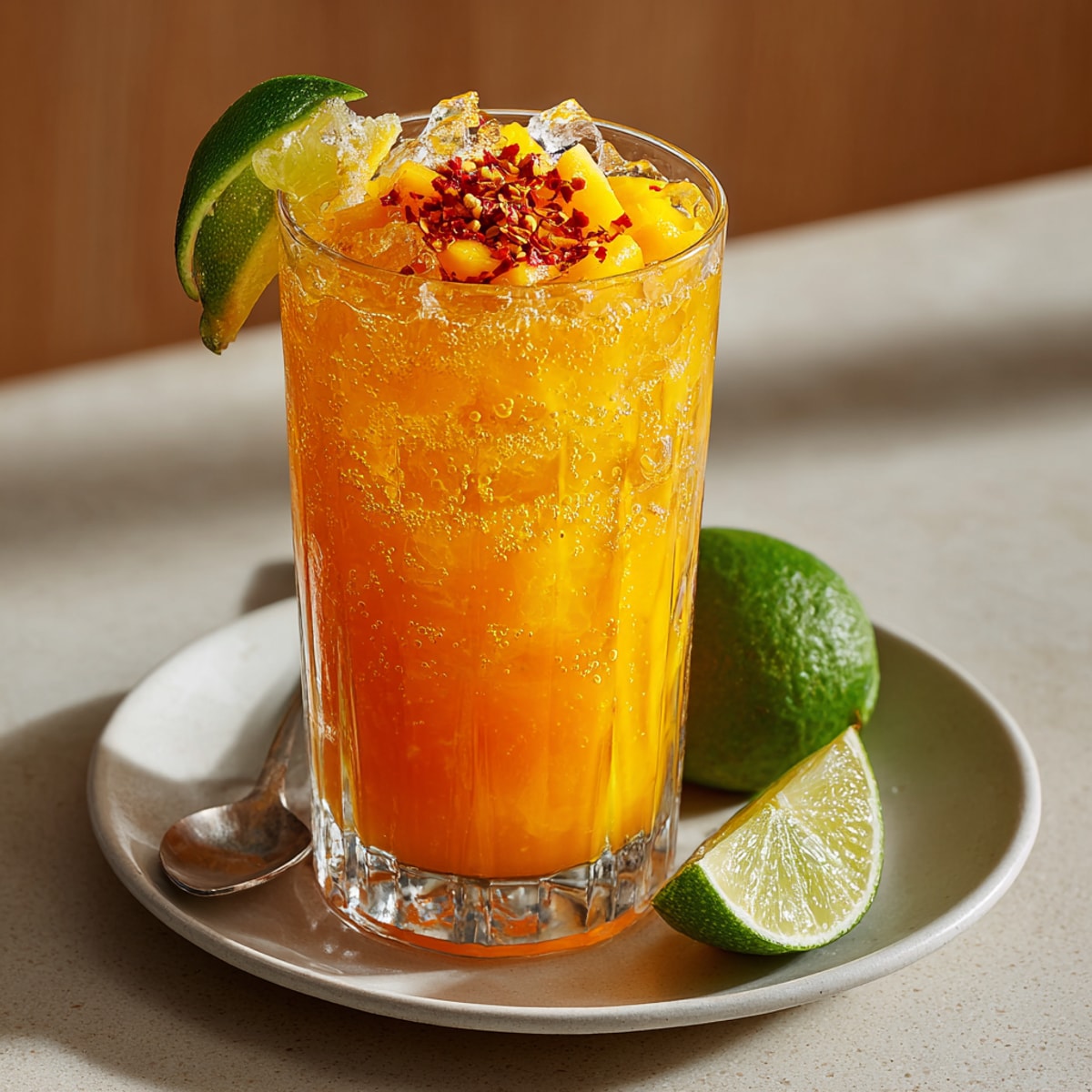 Spicy Mango Ginger Fizz with chili and lime sparkles in ice-filled glasses, garnished beautifully.
