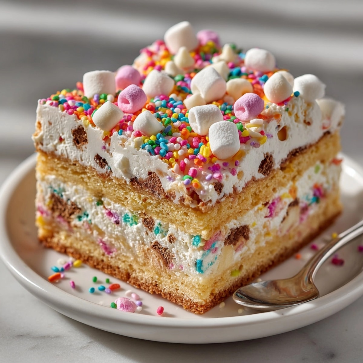 Golden-edged Chaos Cake Confetti Landslide Bars, a celebration of flavors with white chocolate chips and confetti.