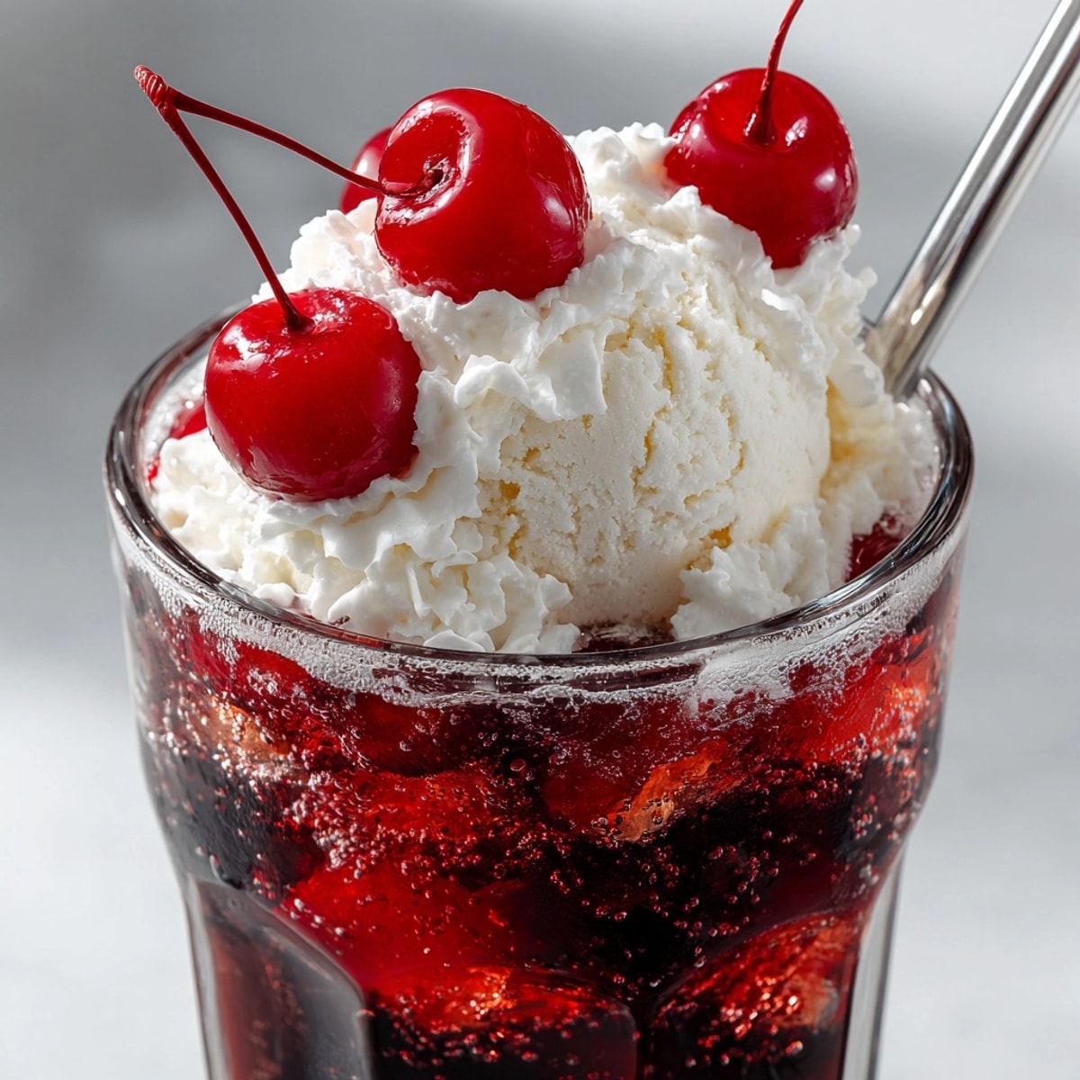 Frothy Rebel Float Cherry Cola Cream Fizz, topped with cherry and whipped cream, looks irresistibly refreshing.