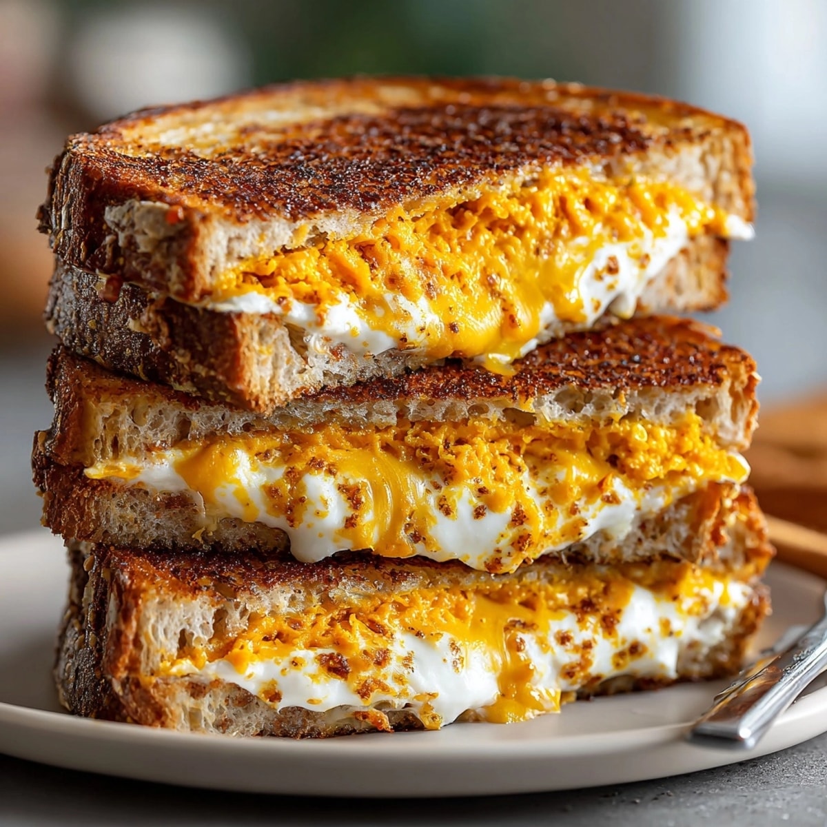 Melting cheddar cheese oozes from this delicious Halloween Pumpkin Spice Grilled Cheese, a perfect fall comfort food.