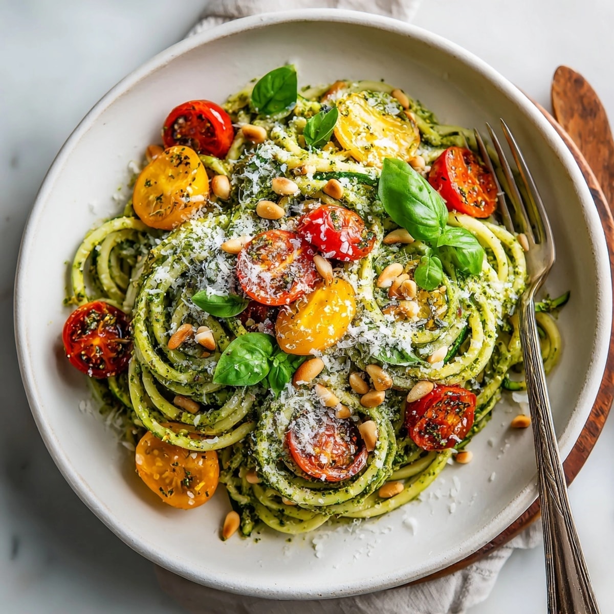 Bright red cherry tomatoes garnish this flavorful Cherry Tomato Pesto Zucchini Pasta, a delicious vegetarian main.
