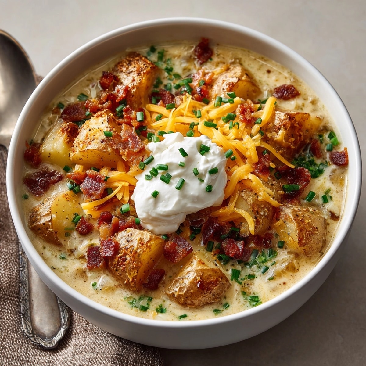 A close-up of a warm, comforting bowl of Loaded Baked Potato Soup, ready to be enjoyed.