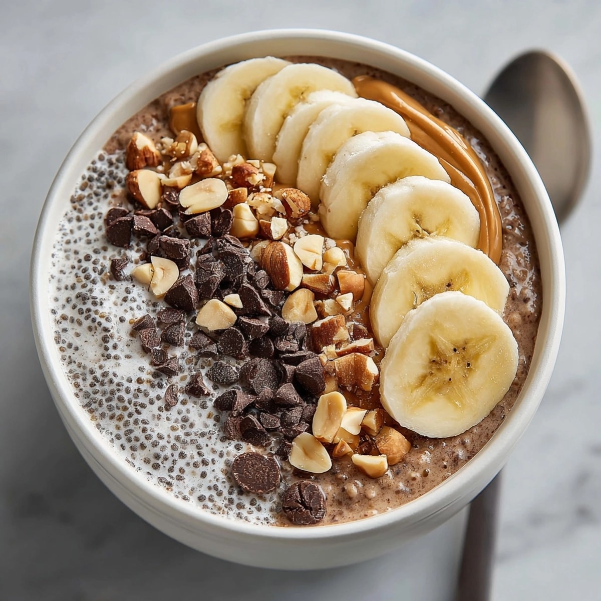 Hearty chocolate peanut butter overnight oats in a bowl, garnished with fresh banana and chocolate chips.