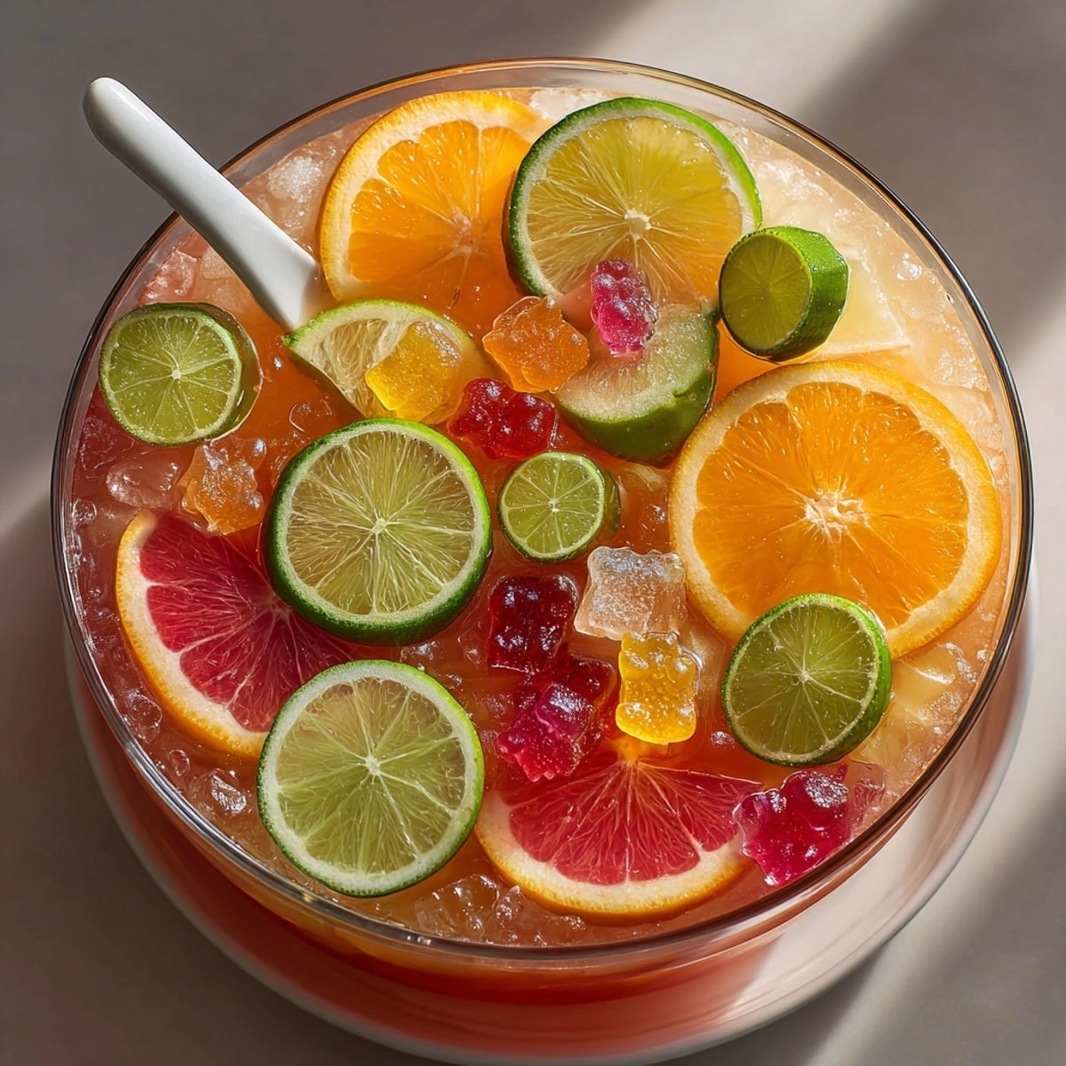 Lime and orange slices float in bubbling Witch’s Brew Party Punch, ready to serve.