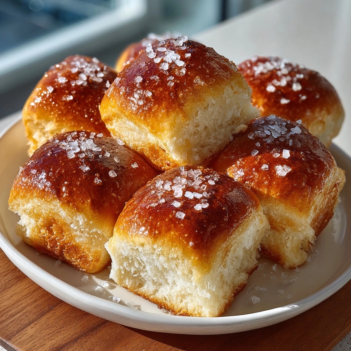 Close-up: a stack of soft Salted Honey Butter Parker House Rolls, ready to serve.