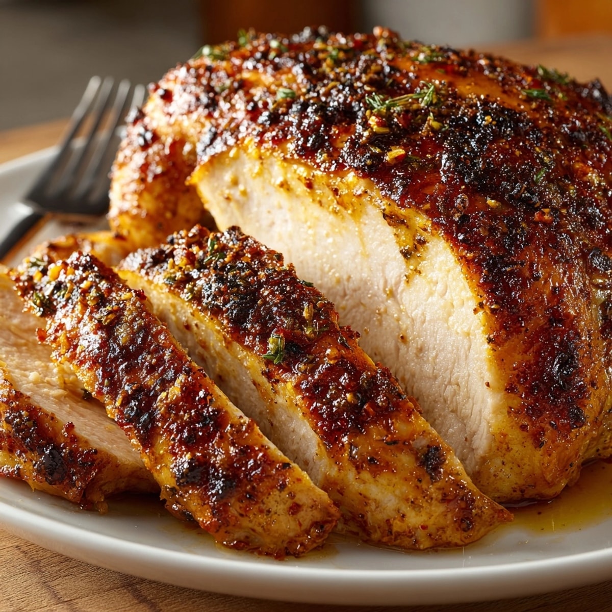 Savory Spatchcocked Turkey with Cajun Spice Rub, glistening from rendered fat in its pan.