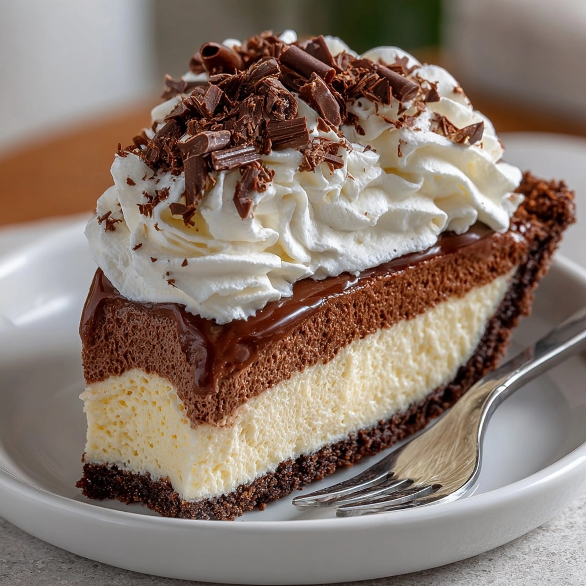 Slice of frosty Brandy Alexander Pie with chocolate shavings atop a crisp cookie crust.