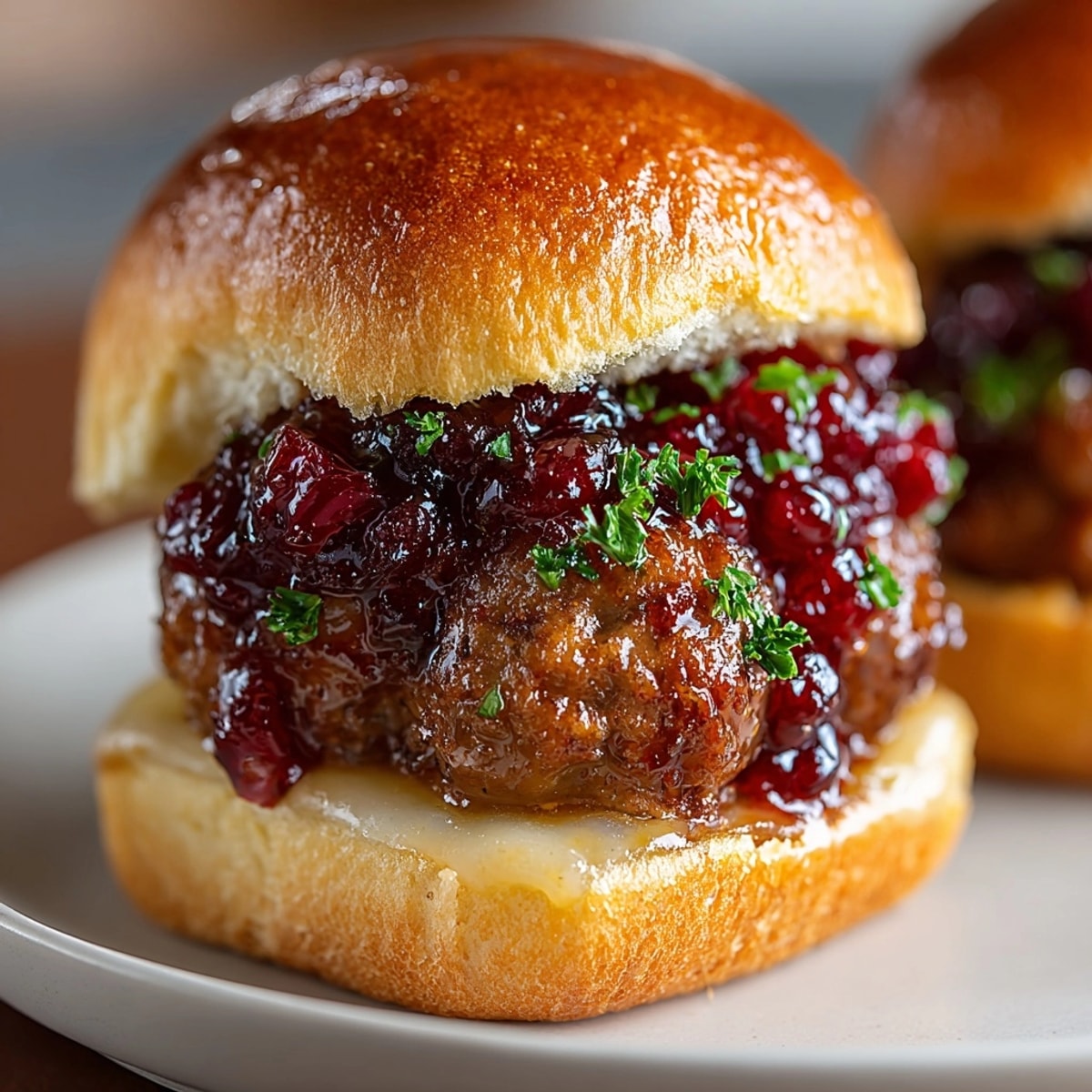 Close-up of warm Cranberry Sauce Meatball Sliders with melted cheese, fresh parsley garnish.