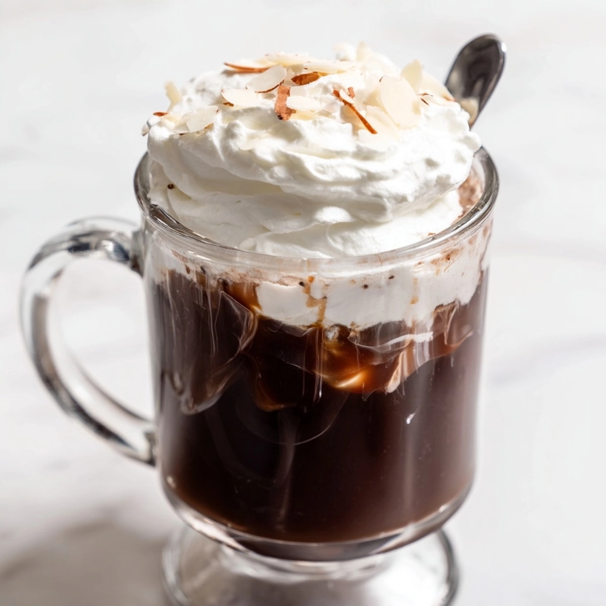 Creamy, hot Cafe Amore Cocktail recipe with almond and brandy notes, garnished beautifully.