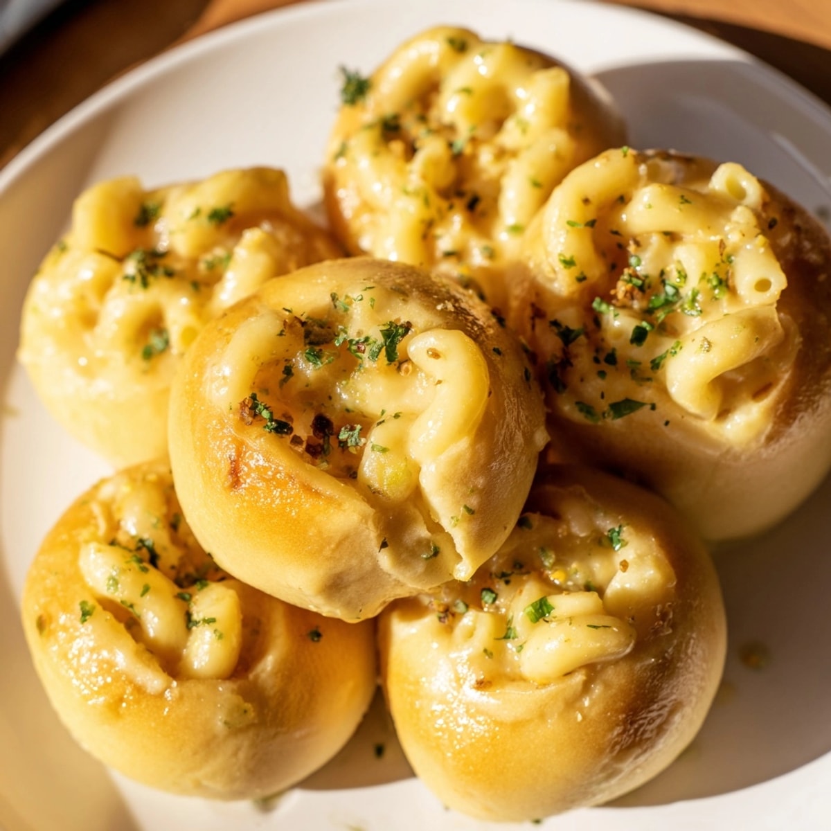 Close-up of golden baked Mac and Cheese Garlic Dough Balls, glistening with garlic butter.