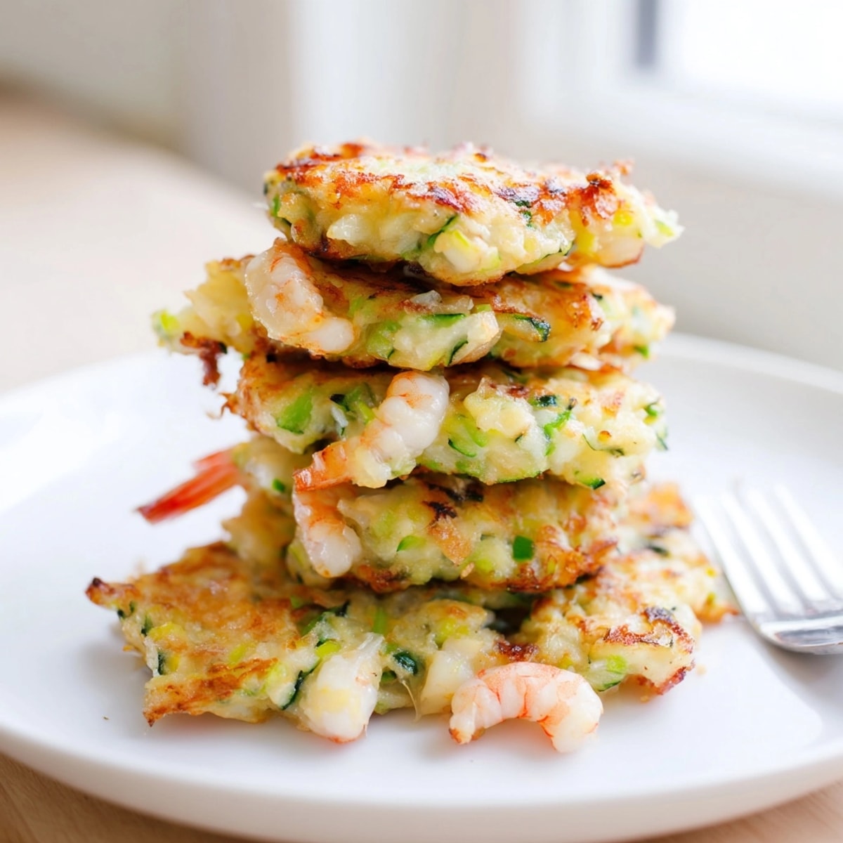 Crispy shrimp and cheddar zucchini fritters, golden bites with visible shrimp and melted cheese.