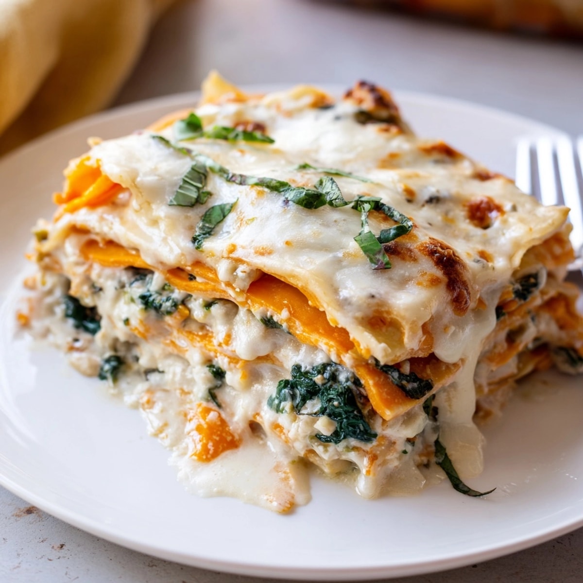 Golden and bubbly Alfredo Sweet Potato Lasagna, a cheesy, delicious vegetarian indulgence.