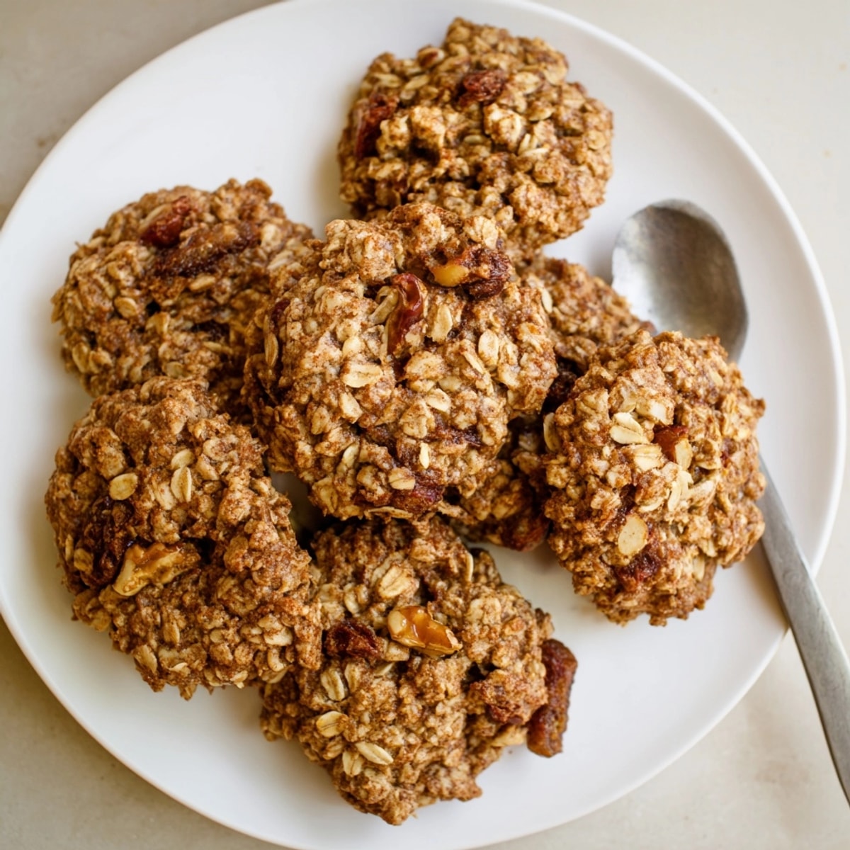 Golden-brown Cinnamon Date Nut Oatmeal Cookies, fresh from the oven with a nutty aroma.