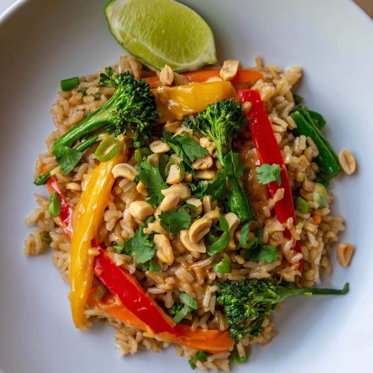 Close-up shot showcasing glistening Thai Peanut Veggie Stir-Fry Rice with crunchy peanut and cilantro topping.