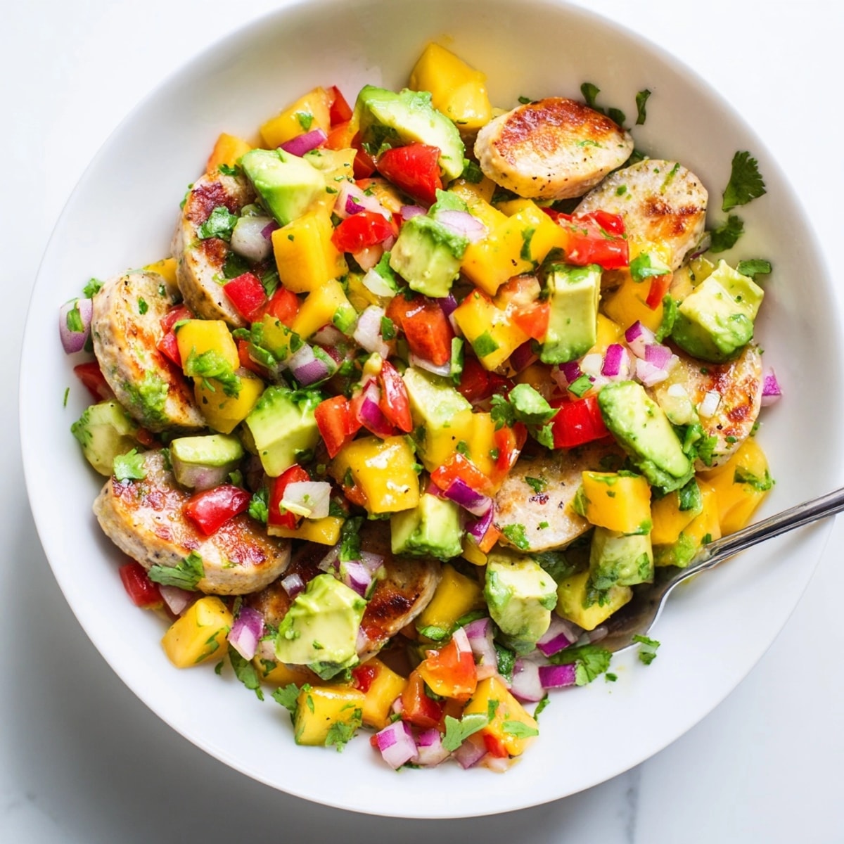 Close-up reveals chunks of sweet mango in creamy Mango Avocado Salsa with Sausage.