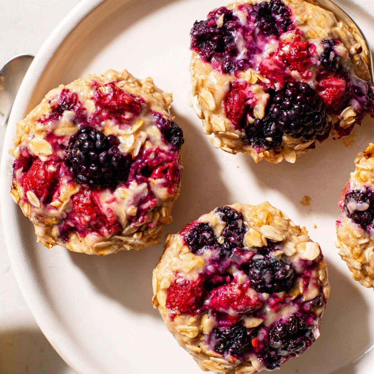 Golden Protein Mixed Berry Muffin Tops, flecked with juicy berries, fresh out of the oven.
