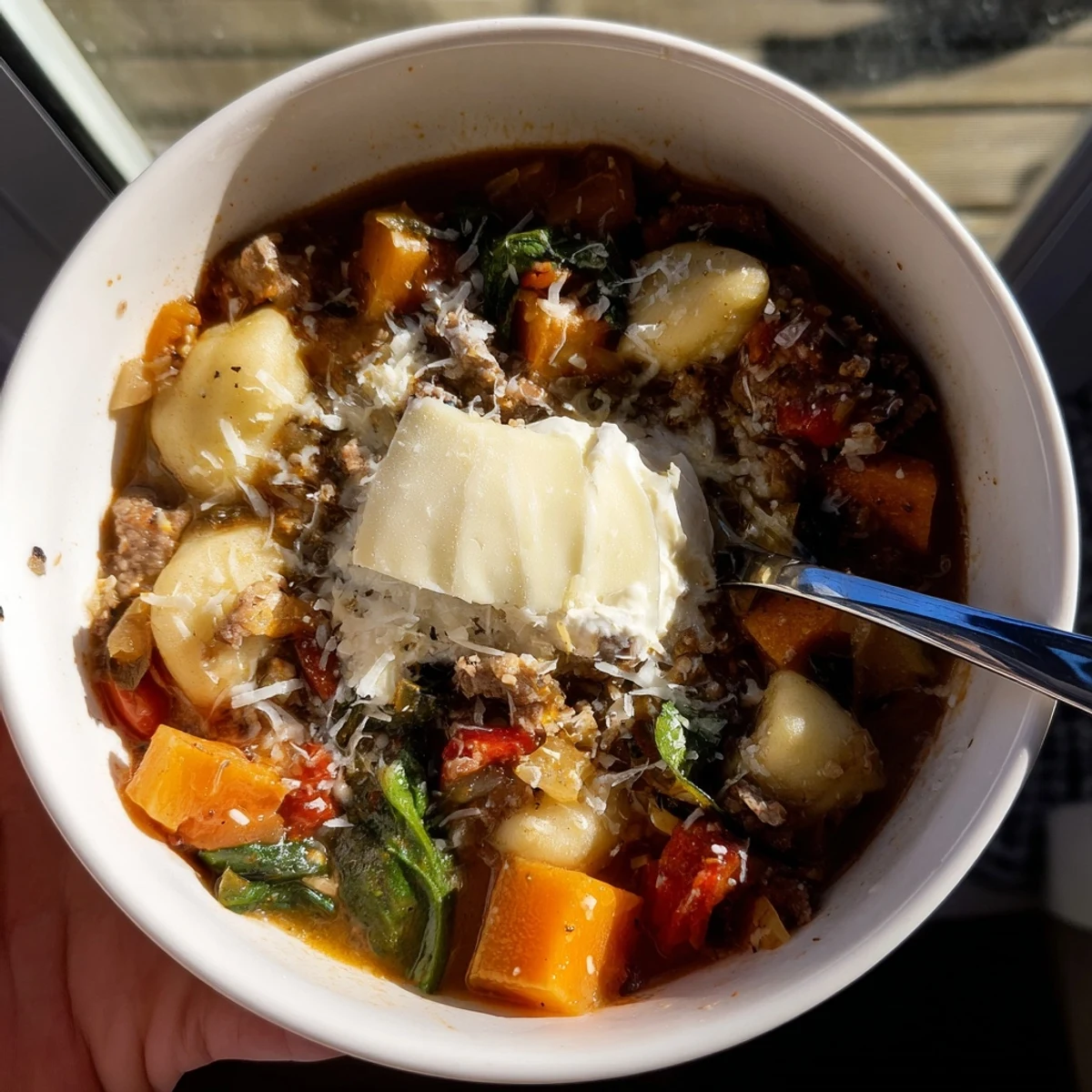 Hearty lasagne soup with sweet potato gnocchi, topped with creamy ricotta dollops.  