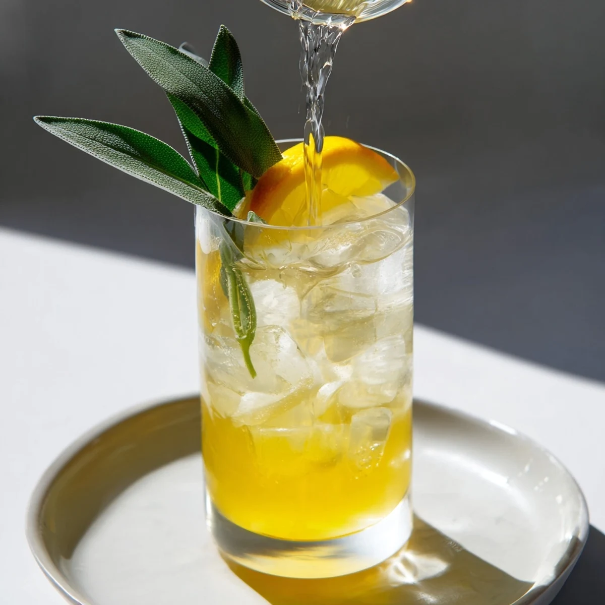 A vibrant Thanksgiving Nonalcoholic Sage-Fizz Mocktail served over ice with sparkling water.  