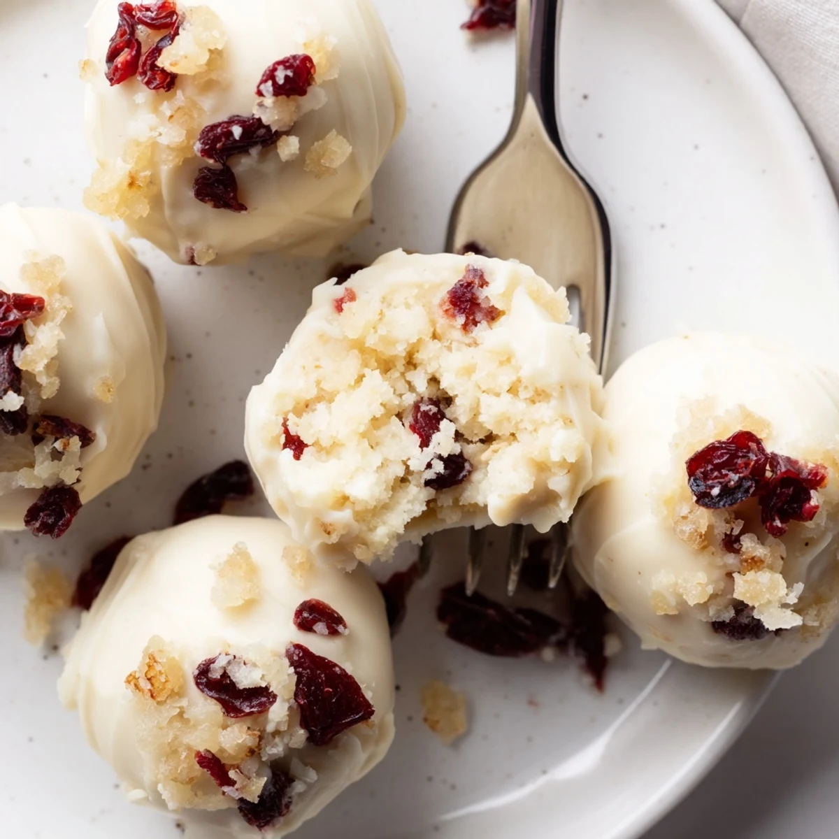 Delicious ginger cranberry muffin truffles drizzled with creamy white chocolate for a festive treat.  