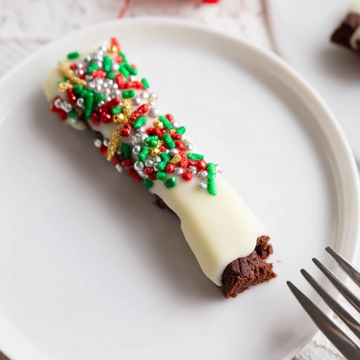 Rich festive Christmas cookie brownie sticks coated in white chocolate and colorful sprinkles.  