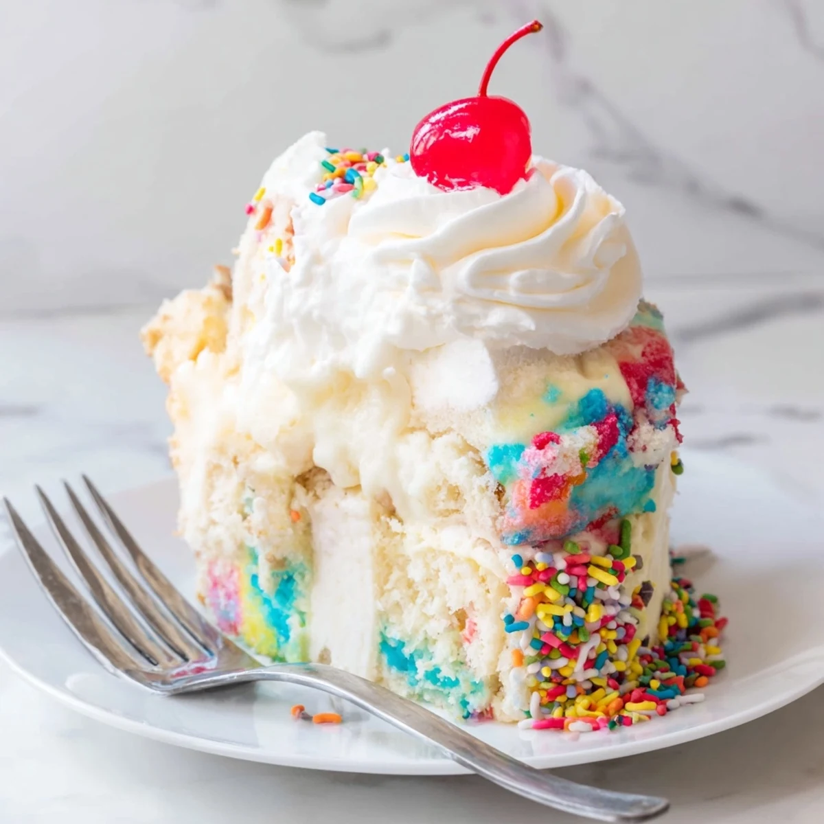 Soft and dreamy Silly Cake Soda Float Bake garnished with cherries for a nostalgic treat.