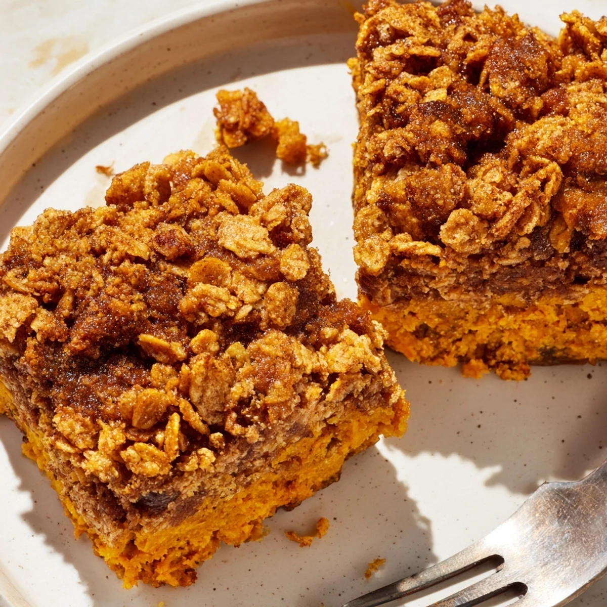 Moist spiced pumpkin cornflake muffin bars topped with crunchy flakes and cinnamon.