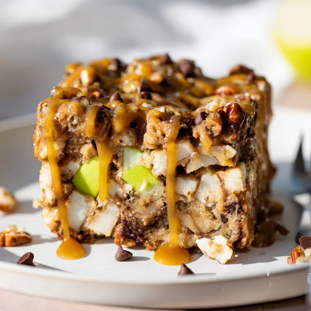 Chewy Monster Caramel Apple Bundt Bars drizzled with caramel and topped with pecans.  