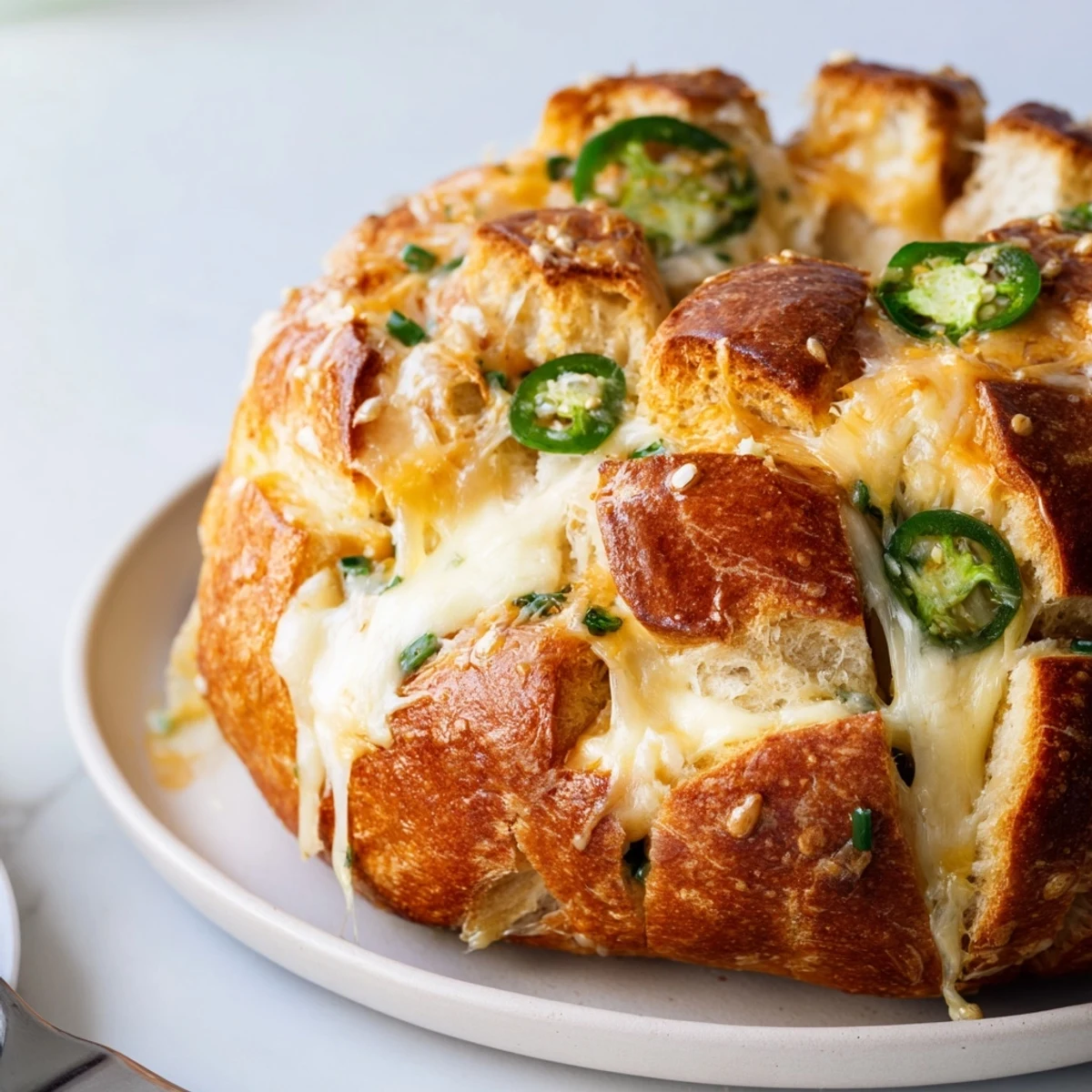 Mouthwatering Cheesy Jalapeño Pretzel Cracked Loaf, perfect for game day snacks or gatherings.  