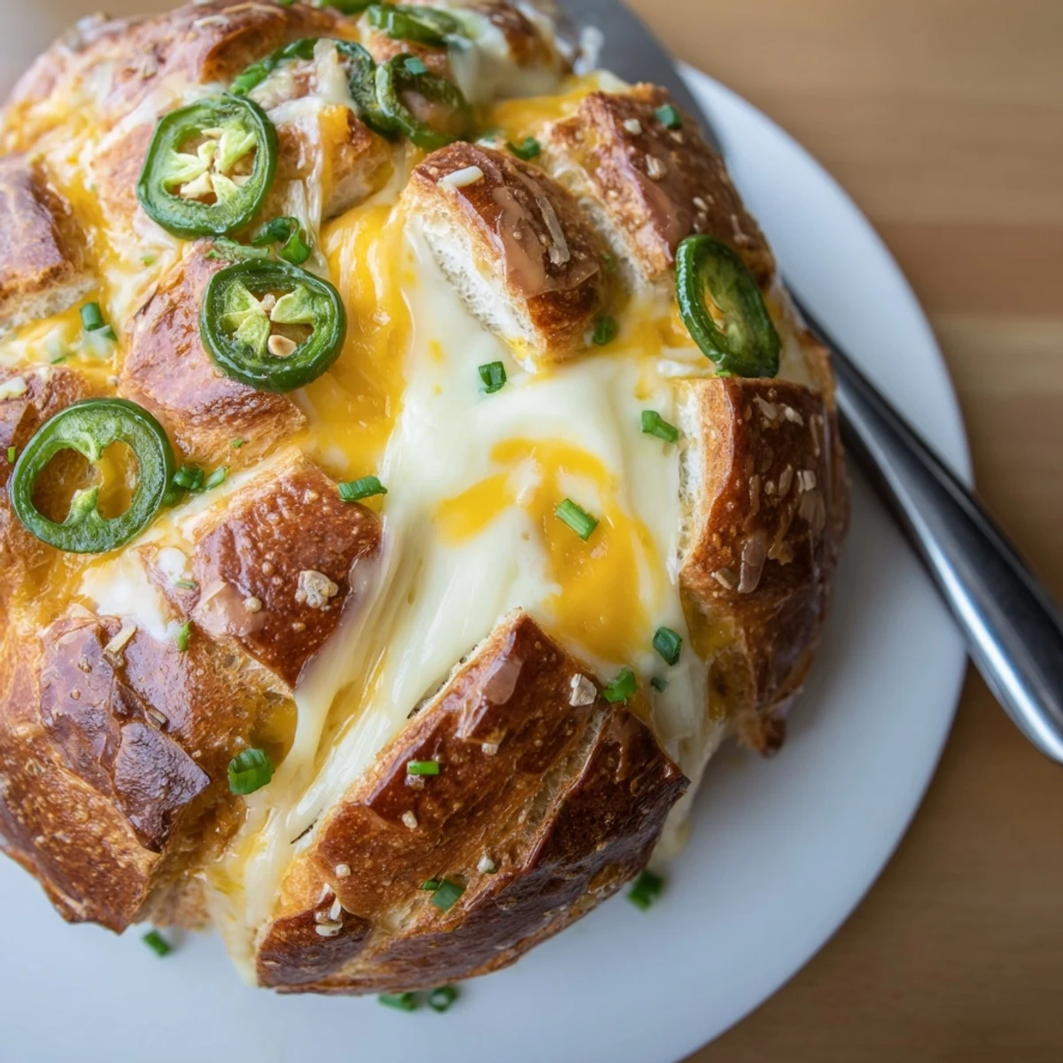Delightfully savory Cheesy Jalapeño Pretzel Cracked Loaf with a golden crust and melty cheese.  