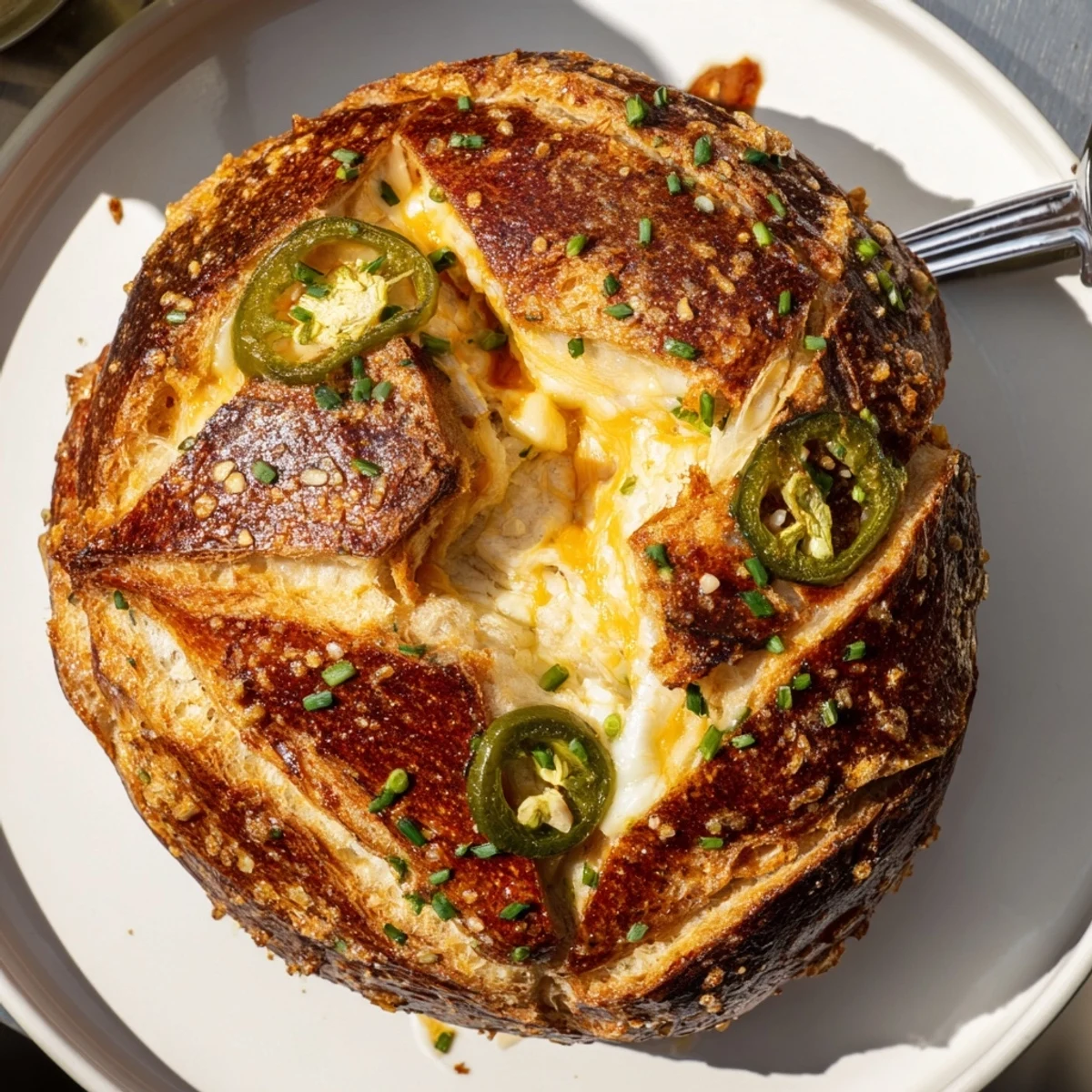 Warm and cheesy Cheesy Jalapeño Pretzel Cracked Loaf pulled apart, ideal for sharing and dipping.