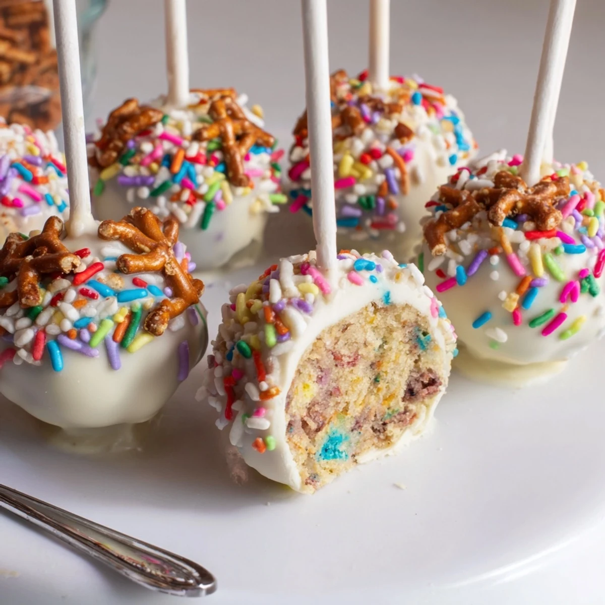 Moist Funfetti Spicy Pretzel Cake Pops dipped in creamy white chocolate and sprinkles.  