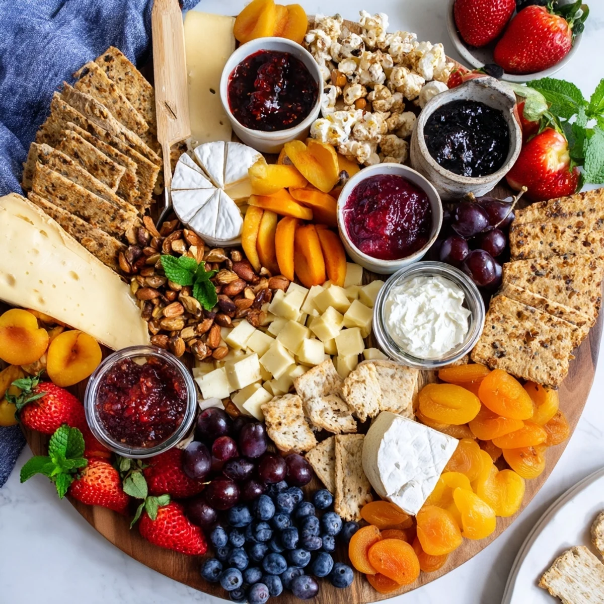 A colorful jam-infused brunch board with artisan breads and fresh fruits.  