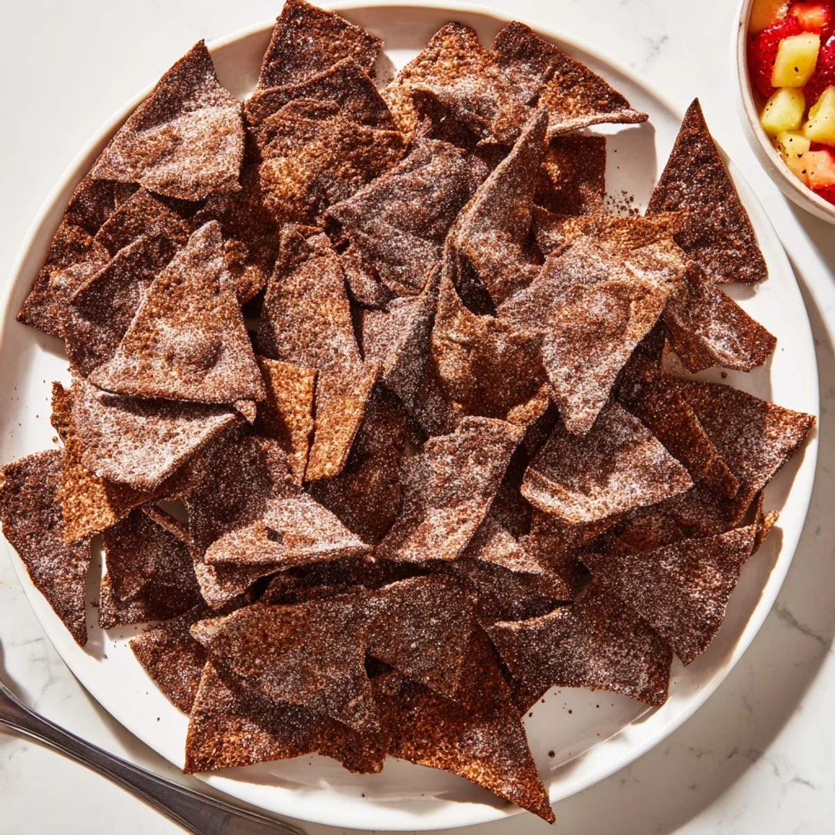 Indulgent Dessert Chips & Salsa served with fresh tropical fruits for a delightful treat.  