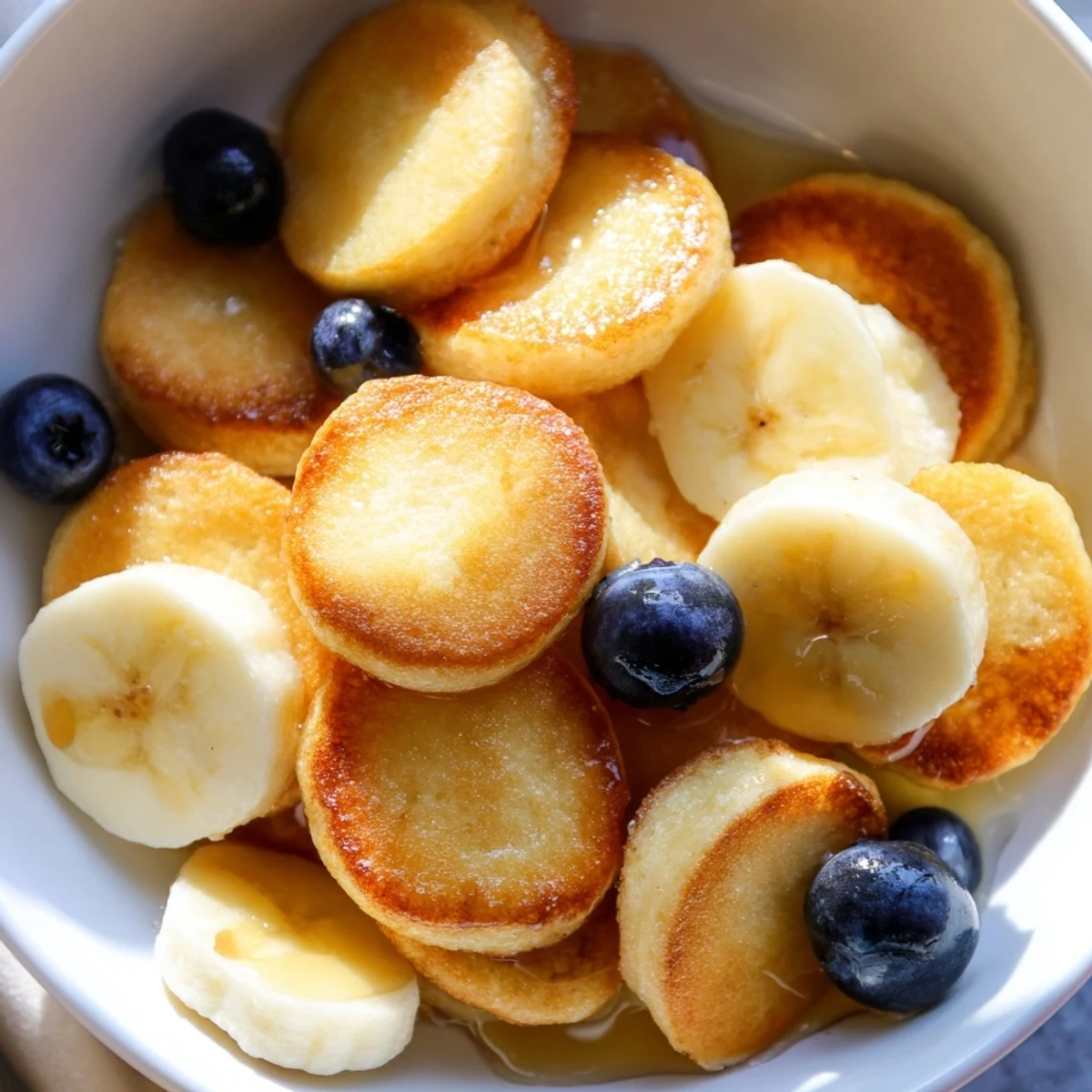 Crispy fluffy mini pancake cereal garnished with bananas, perfect for morning enjoyment.