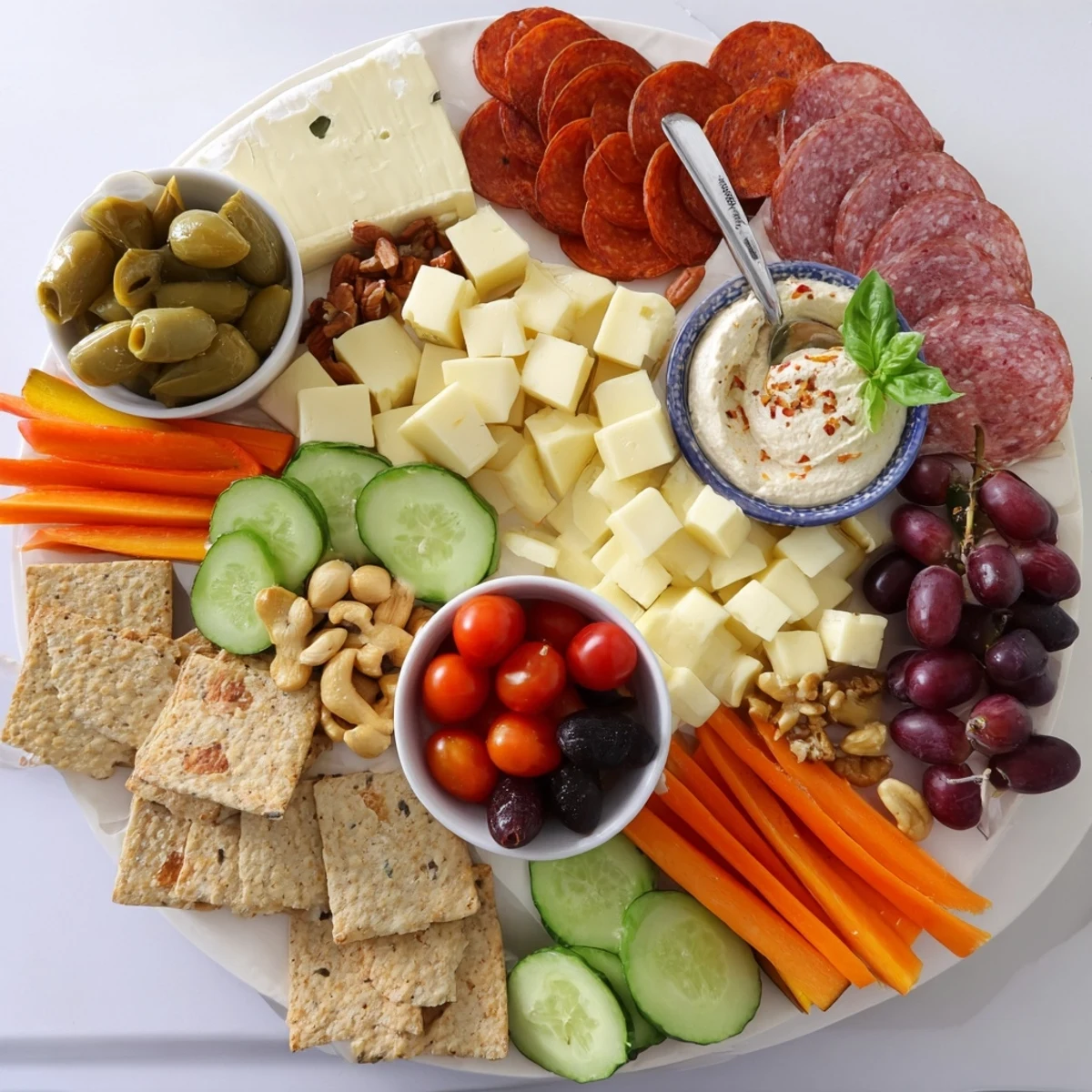 A colorful Girl Dinner Platter featuring vibrant cheeses, fresh fruits, and tasty dips.  