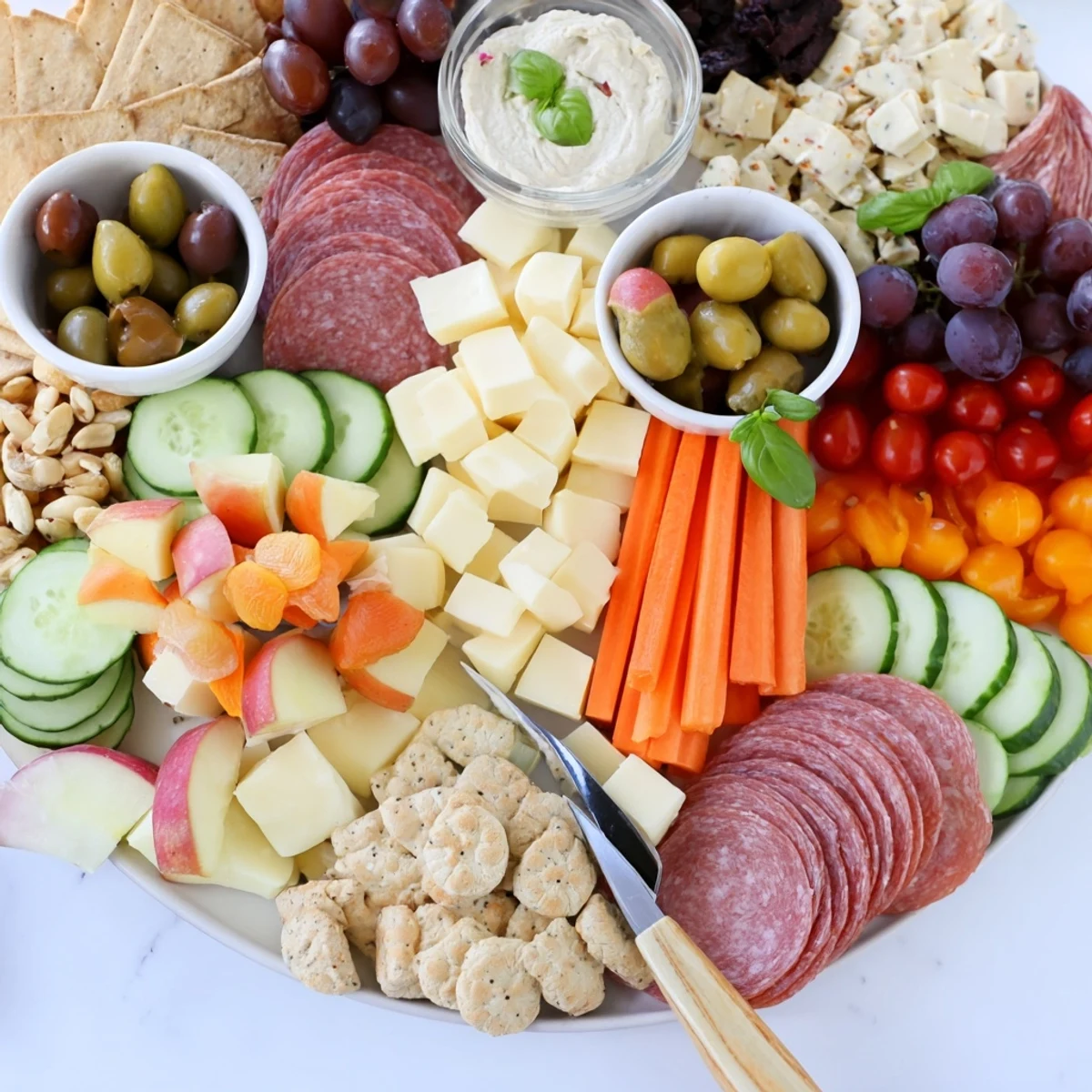 Delicious Girl Dinner Platter showcasing creamy cheeses and crunchy veggies for a light meal.