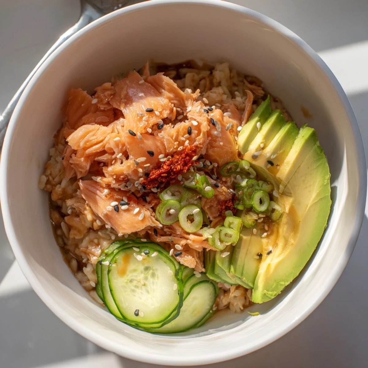Microwave steamed Leftover Salmon & Rice Bowl, perfect for a nutritious weeknight dinner.