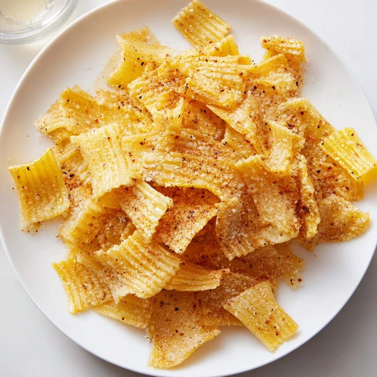 Oven-baked pasta chips seasoned variety, coated in flavorful spices for delightful crunch.