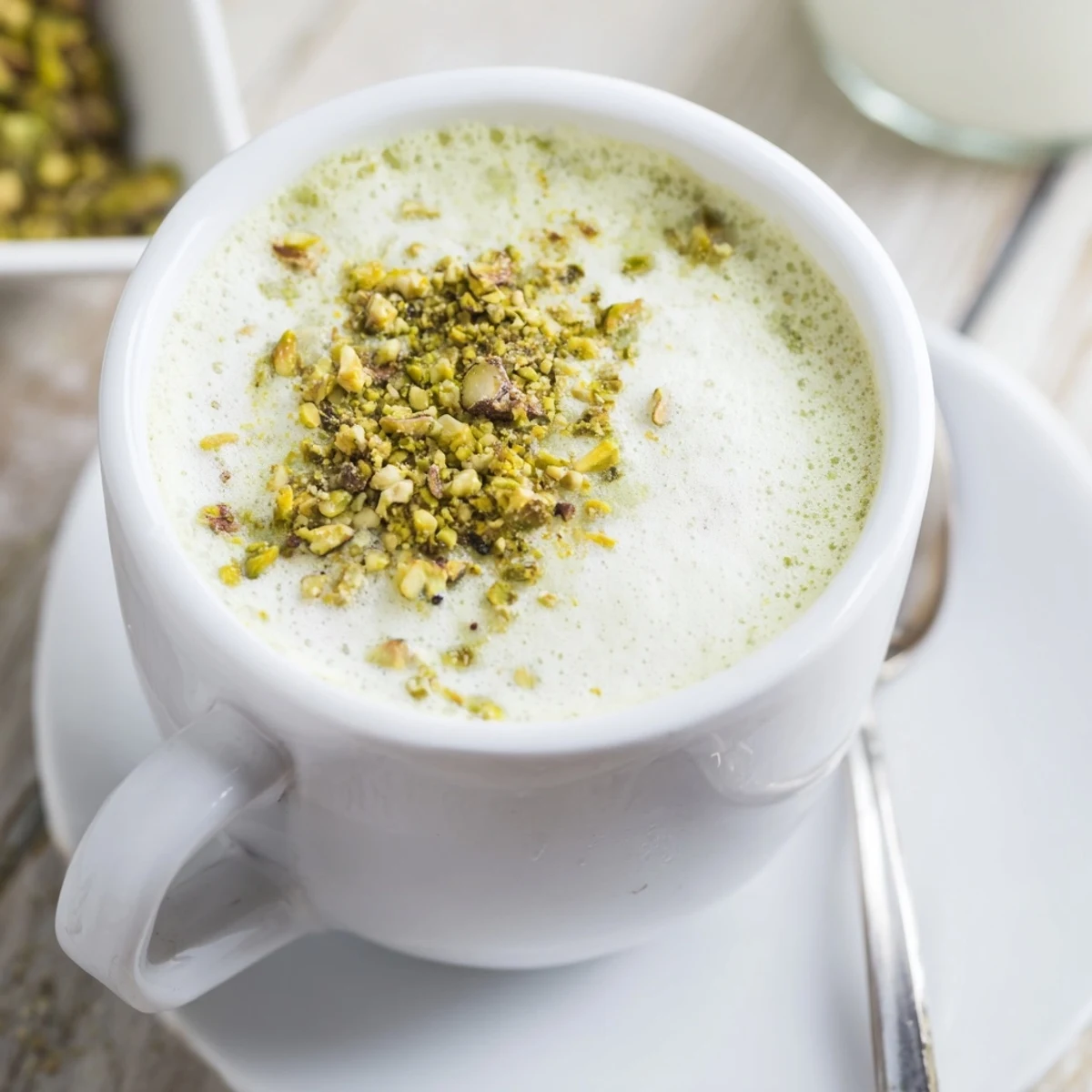 Homemade pistachio milk latte with rich espresso, garnished for a nutty delight.  