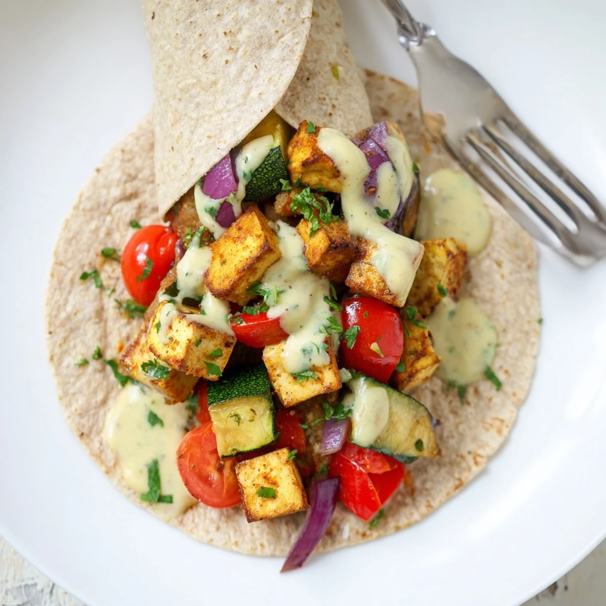 Plant-based Vegan Viral Recipe Re-make with colorful veggies and creamy yogurt sauce.