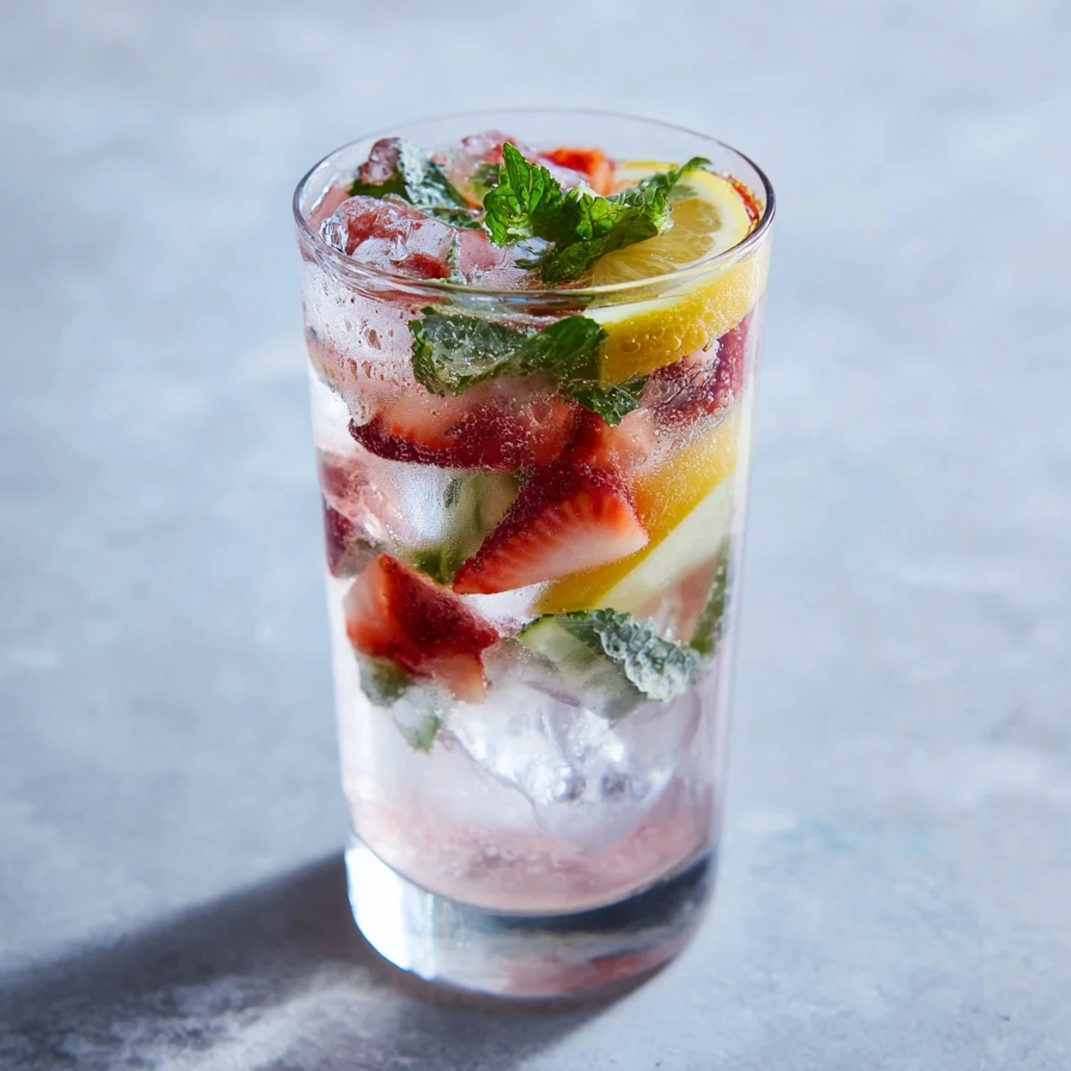 Vibrant sugar-free strawberry mocktails garnished with lemon and fresh mint sprigs.  
