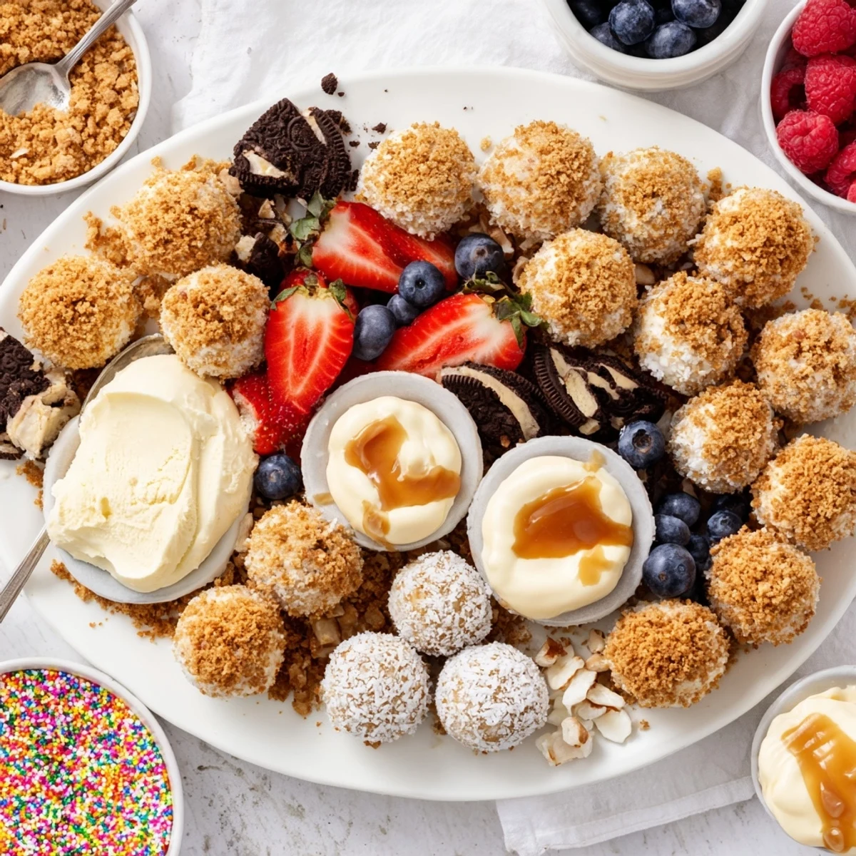 Cheesecake bites on a decorative board, inviting guests to mix and match toppings.