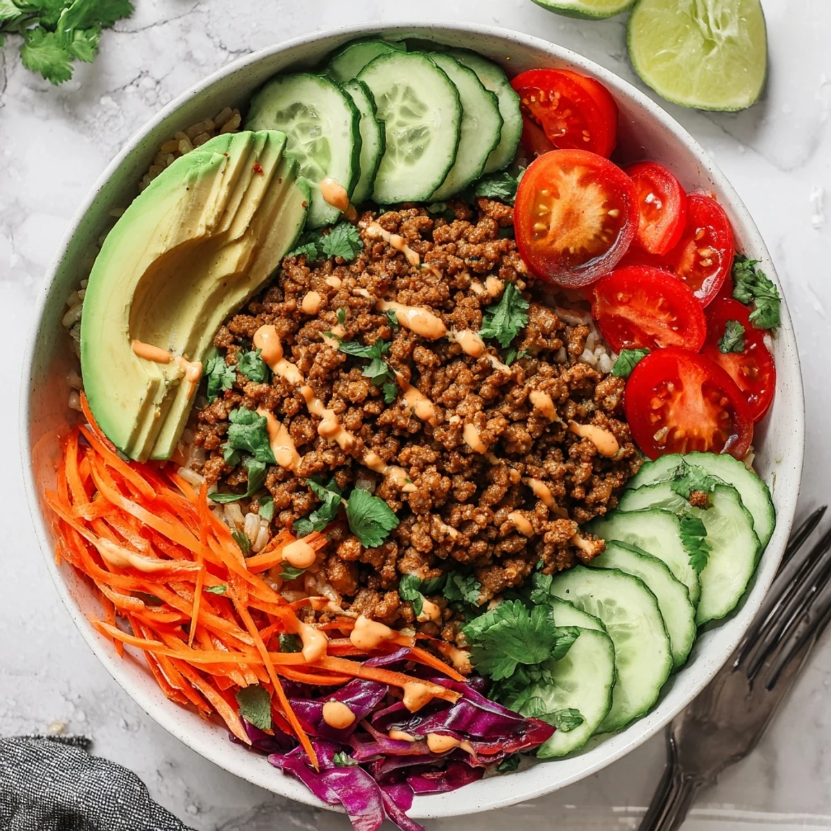 Vibrant plant-based meat bowl topped with fresh veggies and zesty sauce.  