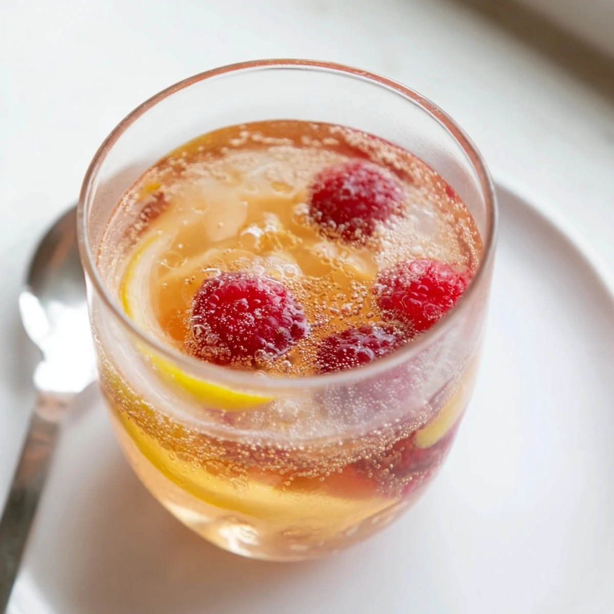 Colorful fruit slices and herbs in a refreshing Kombucha-style beverage, perfect for summer.