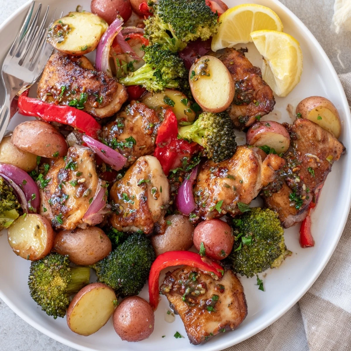 Succulent Lazy Gourmet Chicken & Vegetable One-Pot alongside vibrant, roasted baby potatoes and broccoli.  