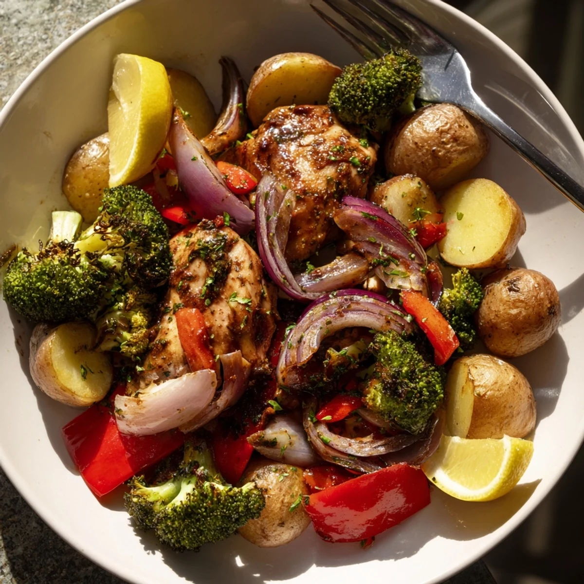 Hearty Lazy Gourmet Chicken & Vegetable One-Pot featuring tender chicken thighs and colorful bell peppers.