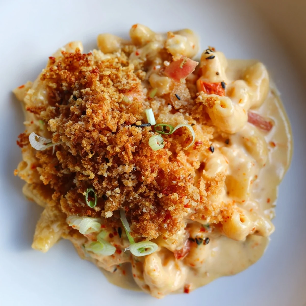 Creamy Spicy Kimchi Mac & Cheese topped with crunchy sesame, perfect for comfort food lovers.  