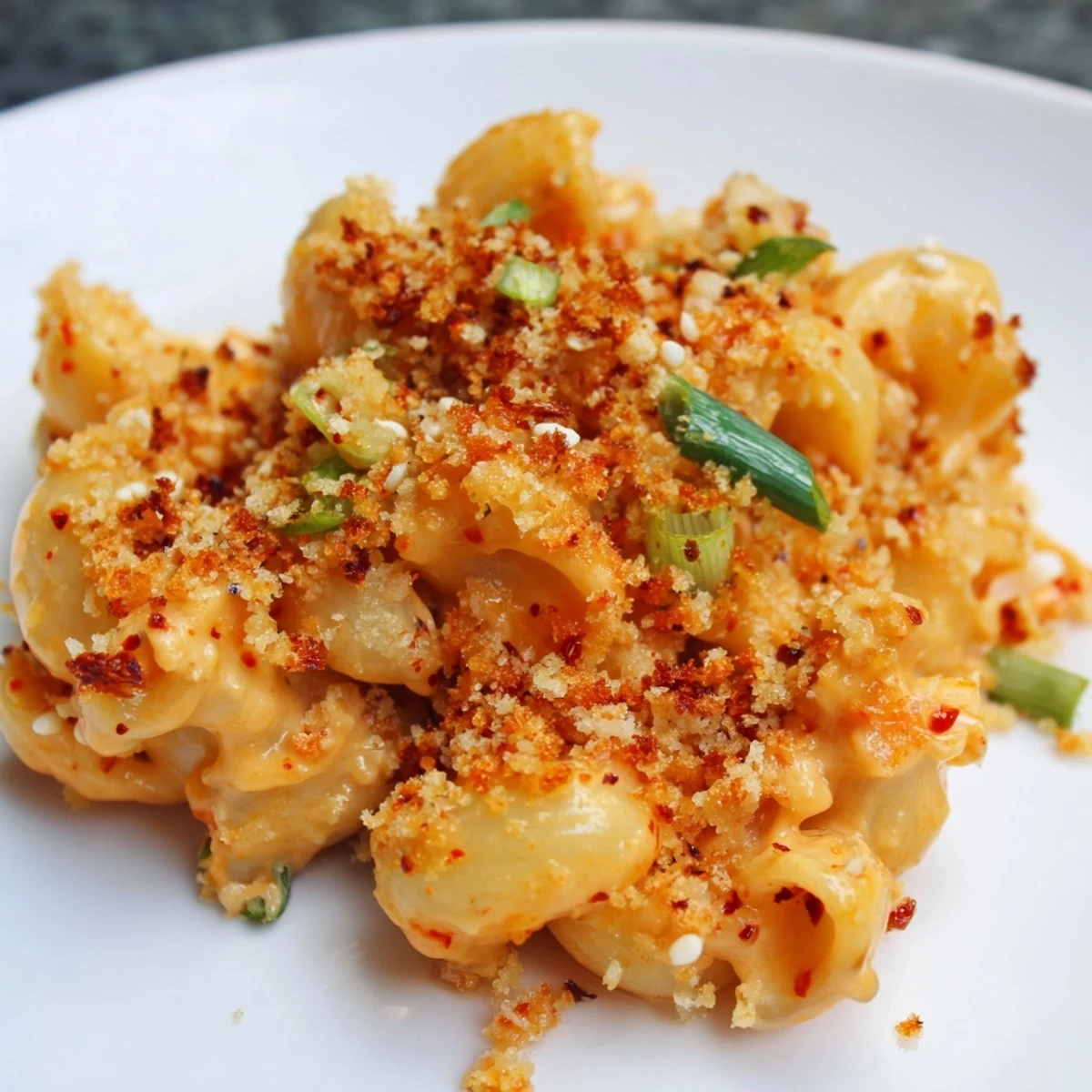 Deliciously bold Spicy Kimchi Mac & Cheese, blending tangy flavors and cheesy goodness.  
