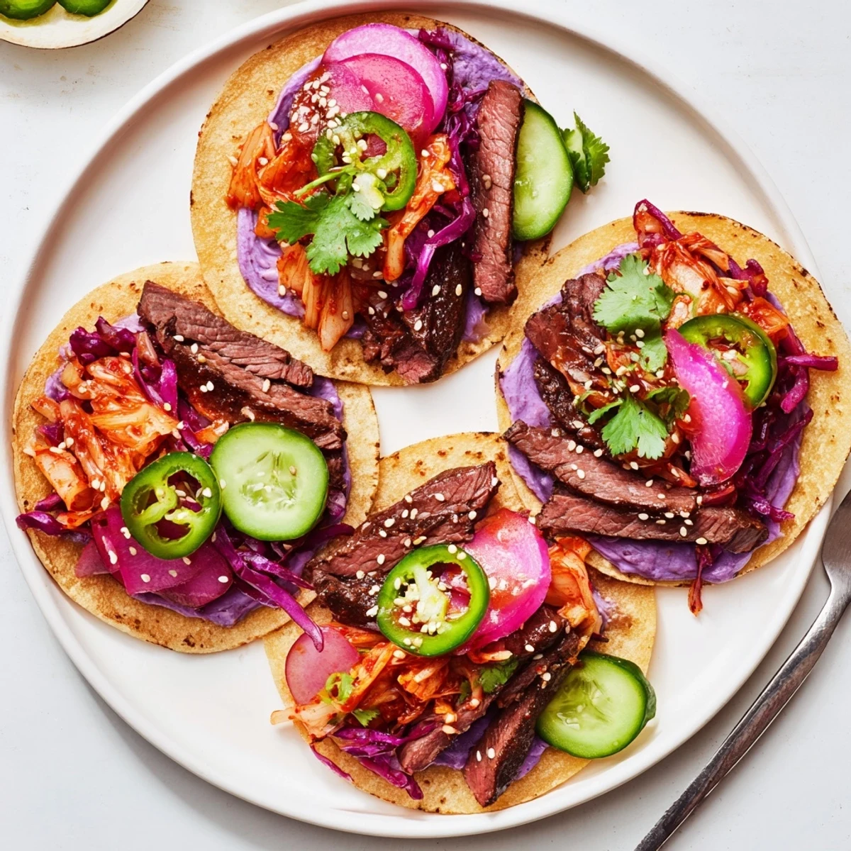 Vibrant Global Street-Food Fusion Tacos showcasing colorful toppings and creamy ube crema.  