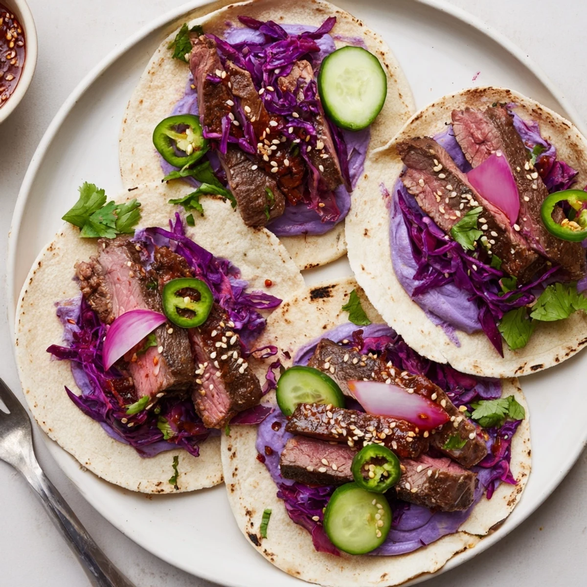 Savory Korean bulgogi tacos topped with fresh vegetables and zesty pickled onions.  